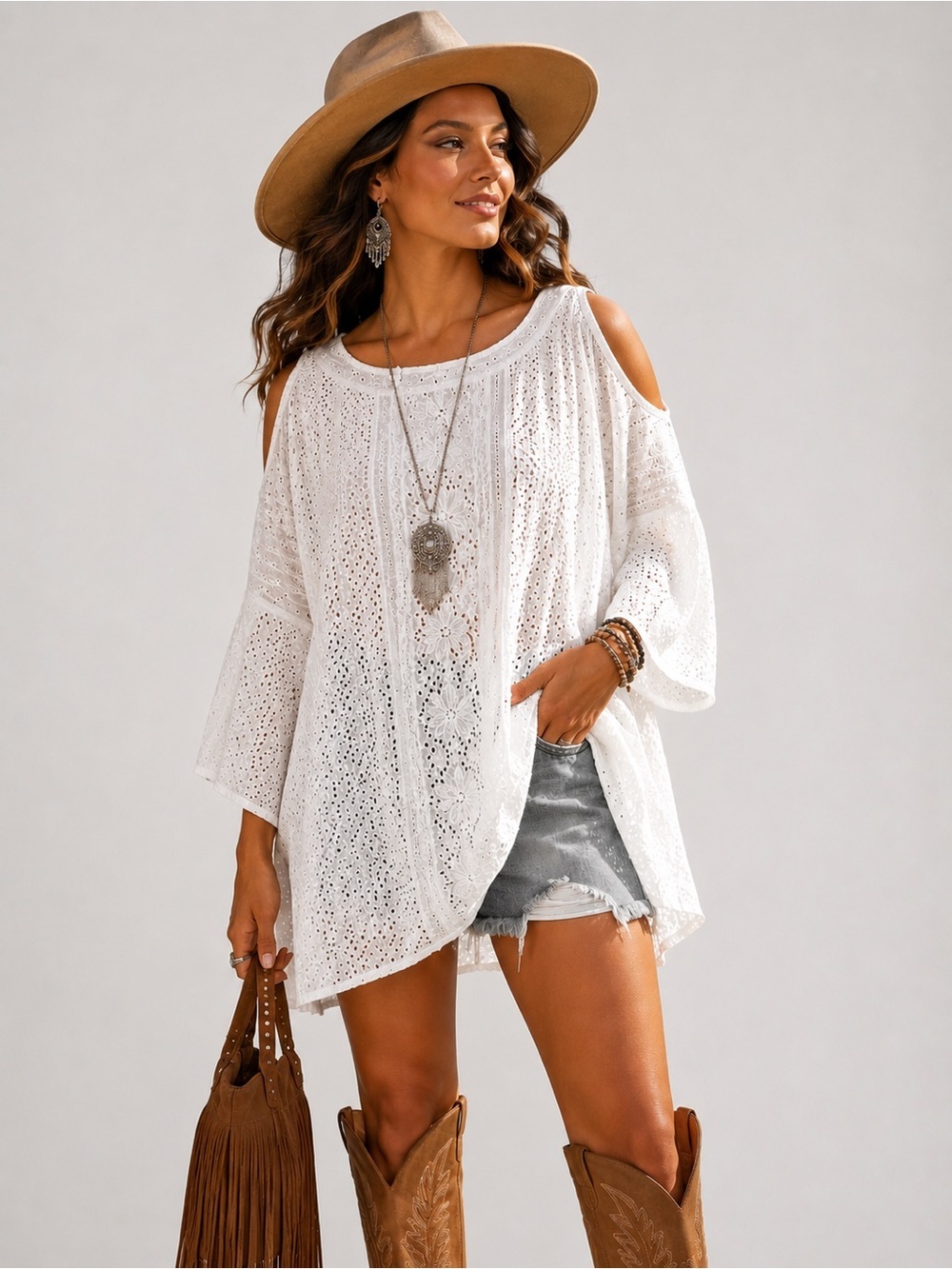 Double D Ranch L White Eyelet Embroidered Cold Shoulder Tunic Boho Western Top